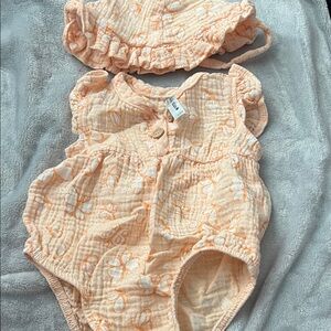 Peach Floral Baby Romper with Matching Hat
